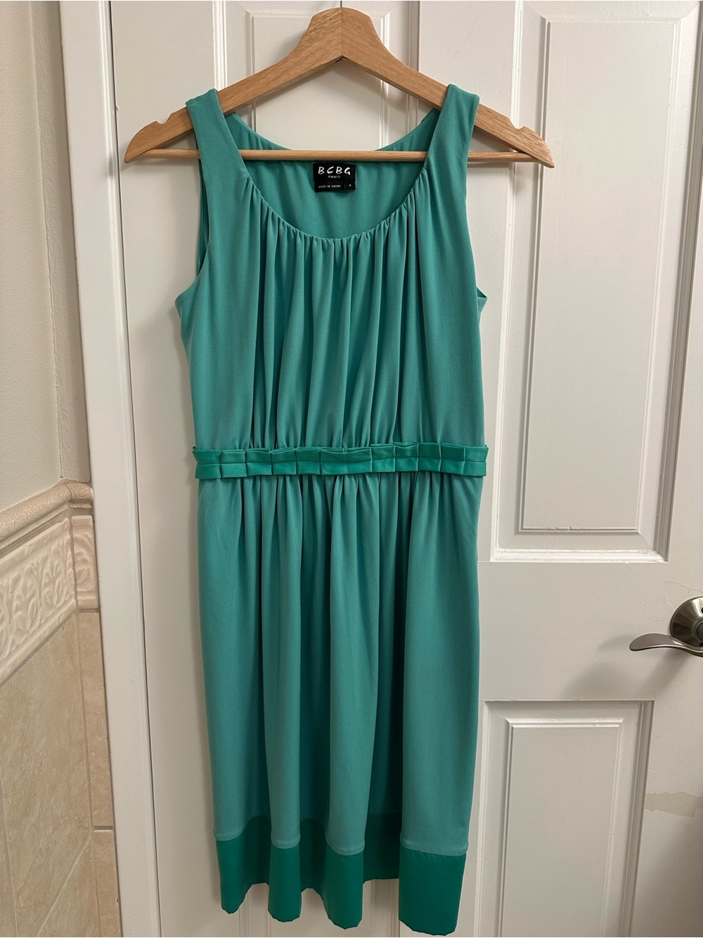 BCBG Teal Gathered Waist Sleeveless Midi Dress